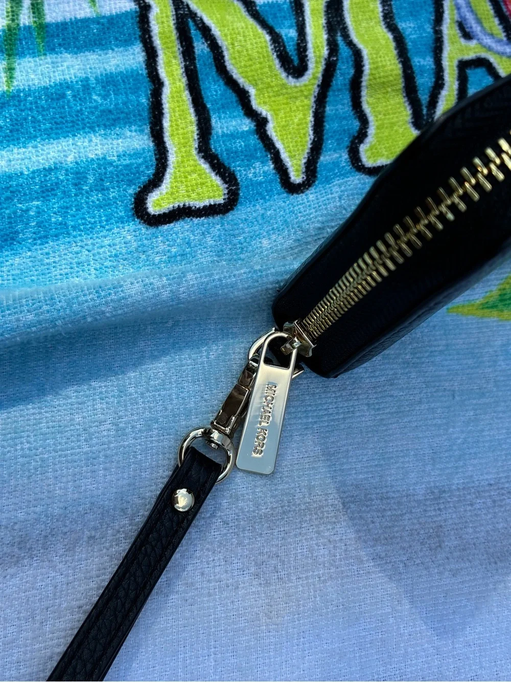 Michael Kors Black Pebbled Leather Zip Wristlet with Gold Hardware